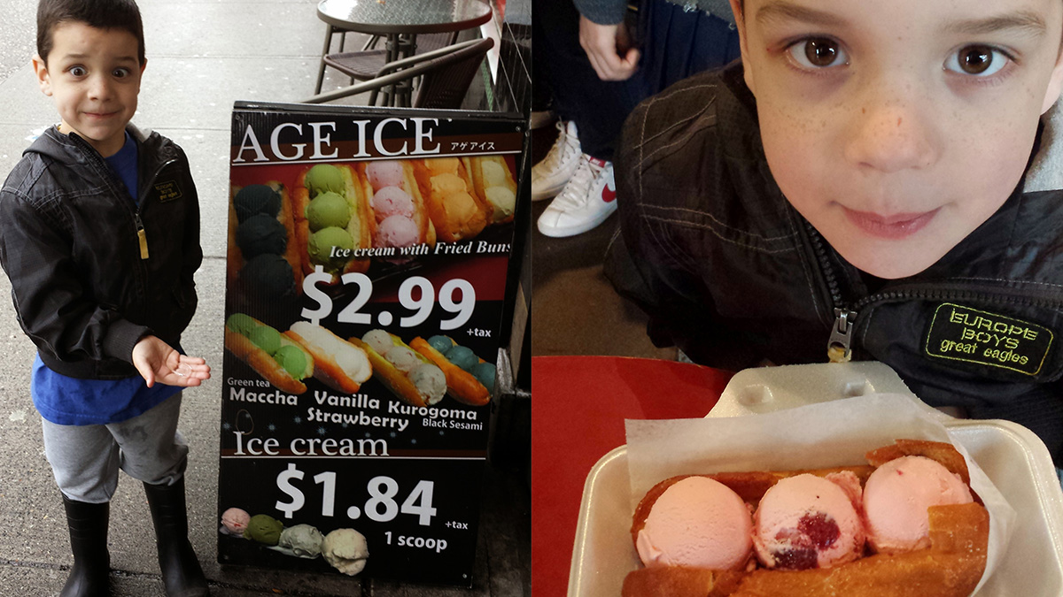 Shepherd's giant baby seal eyes light up at the sight of the ice cream hot dog at Japadog.